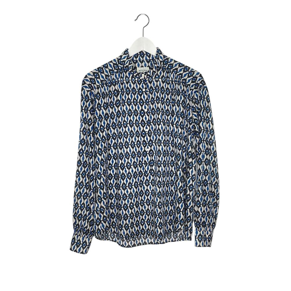 Hartford Women's Size 10 Blue Black White Print Lightweight Cotton Popover Shirt